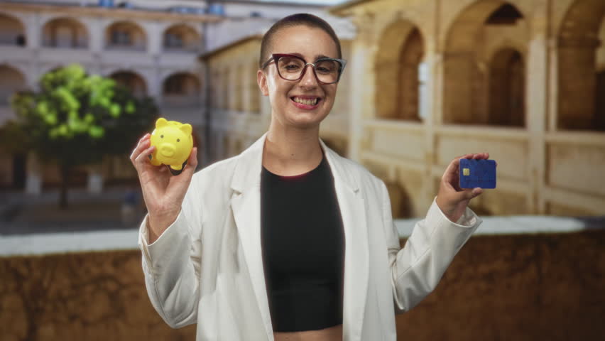 Woman holding yellow piggy bank and creditcard with a playful smirk in building courtyard; confidence and choice.