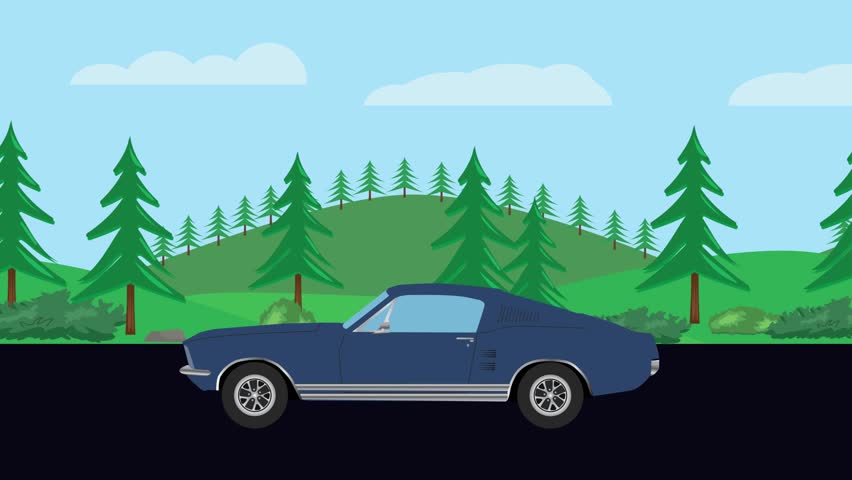 A classic car cruises along a dark asphalt road, surrounded by lush green trees and rolling hills under a bright blue sky with fluffy clouds