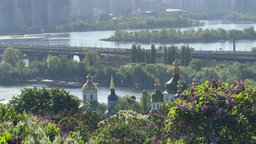 Kyiv city capital of Ukraine urban skyline in spring morning.