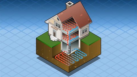 Geothermal Earth Energy Heat Pump Diagram Movie. 3D Isometric Clip Infographic of Geothermal Energy Chain Harvesting Distribution Diagram. Geothermal energy Cartoon Loop Thermal Energy Power.