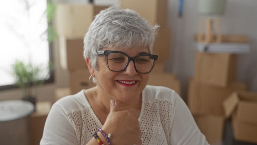 Woman with glasses covers mouth with hand while laughing among cardboard moving boxes in building; joy renewal.