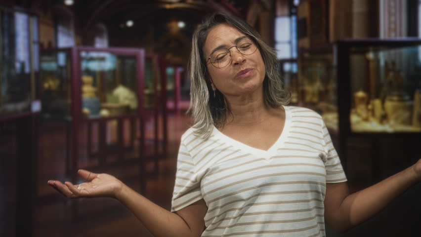 Middle aged hispanic woman touches her head, smiles wryly and shrugs beside a glass display case in a gallery building; quiet contemplation.