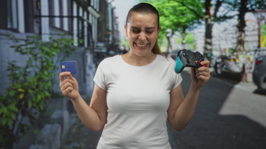 Woman holding game controller and creditcard, smiling with eyes closed and playful expression on city street between buildings; joy purchase.