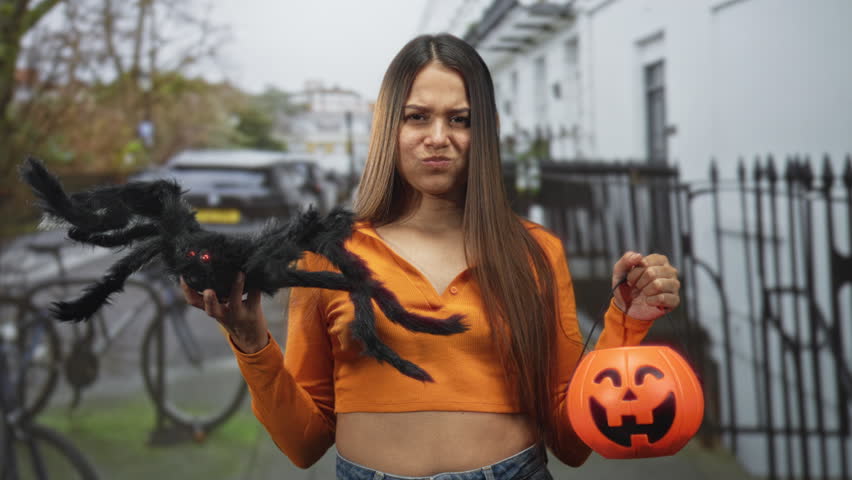 Woman holds a large fake spider in left hand and a jackolantern pumpkin bucket in right hand on street; playful celebration.