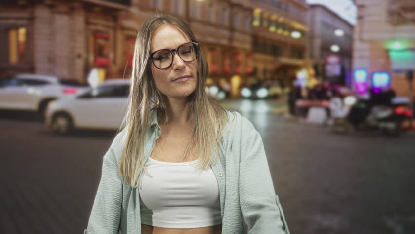 Woman making a time out hand gesture with hands visible, smirking face and glasses while wearing a crop top on a busy city street; playful dismissal.