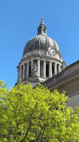 View of Nottingham Council House in Old Market Square on a sunny day, a historic landmark in Nottingham city centre, East Midlands, England.