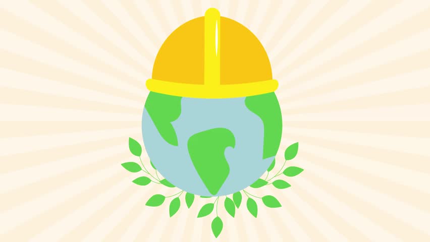 An illustration of the Earth wearing a yellow hard hat, surrounded by green leaves on a beige background with sunburst rays.