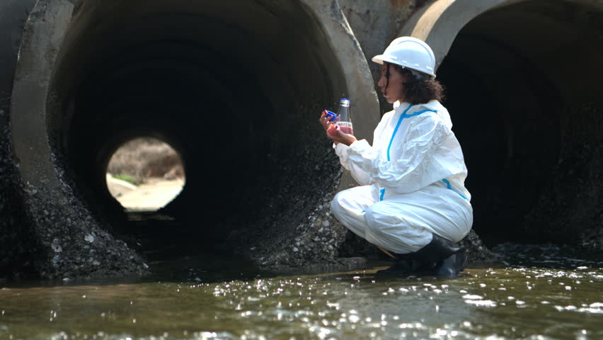 Environmental inspector in protective suit examining wastewater drainage system and industrial water pollution at concrete sewage pipes