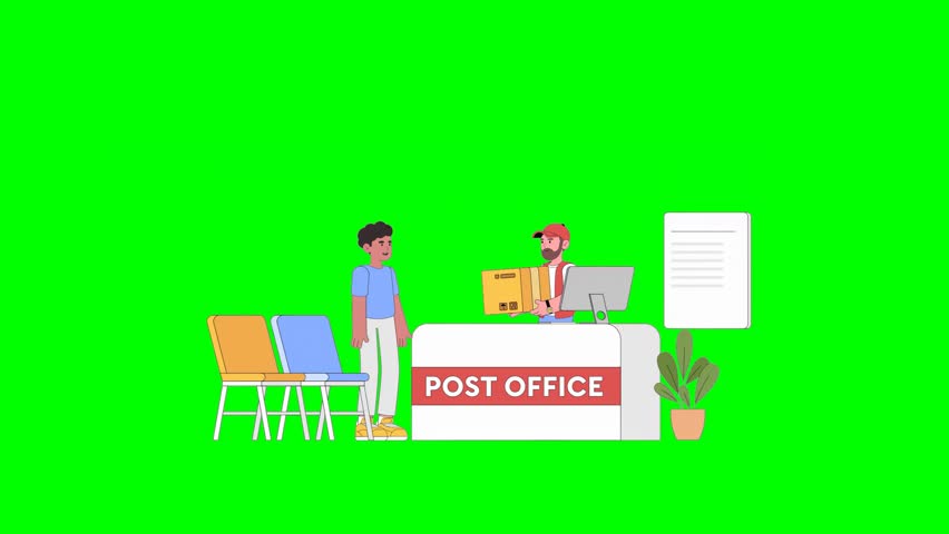 2D Animated Illustrated Boy in Casual Outfit Collecting Parcel From Post Office Clerk Surrounded by Chairs and Plant on Green Background