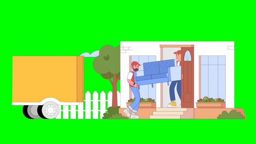 Two 2D Animated Cartoon Workers Lifting and Carrying Furniture Into Truck Parked Outside House on Green Background