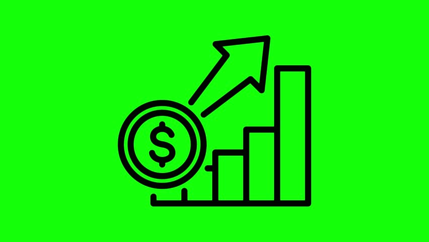 Illustrates financial growth and success with a bar chart, upward arrow, and dollar coin symbol. Ideal for business, finance, and economic concepts in marketing and presentations.