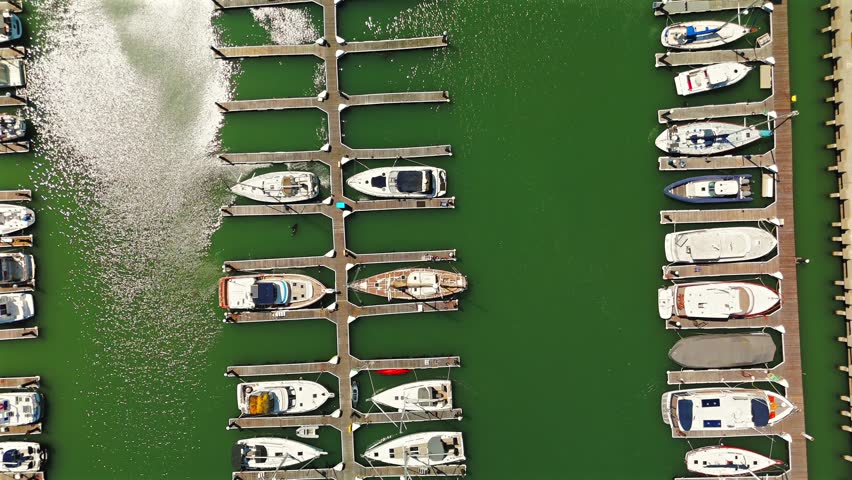 Top down aerial view of San Francisco marina boats and piers