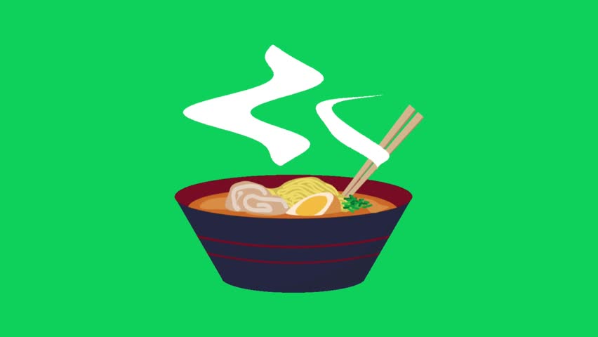 A colorful illustration of a ramen bowl with steam rising, set against a vibrant green background.