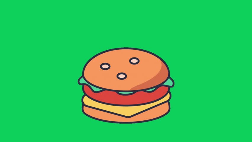 A colorful cartoon illustration of a hamburger on a bright green background. The image is a vector graphic.