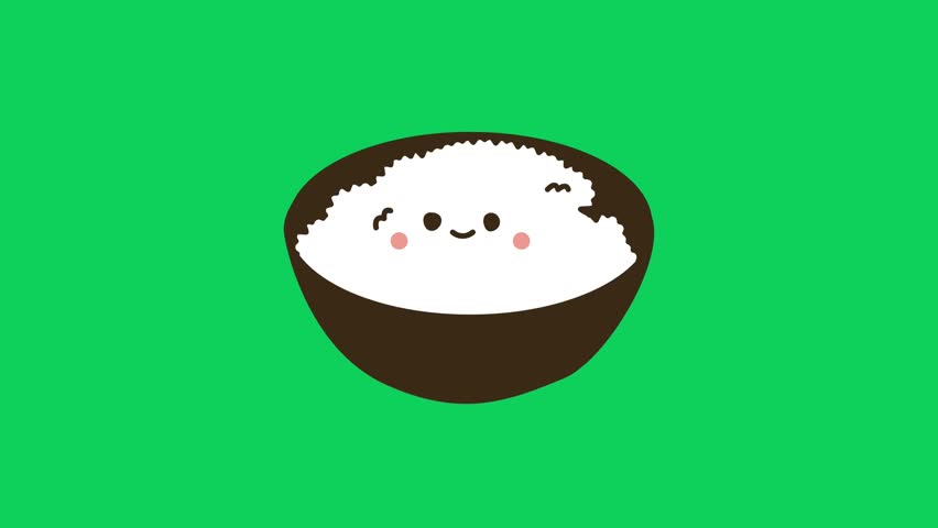A sequence of a cute onigiri rice ball character with a smiling face, animated against a vibrant green background. This