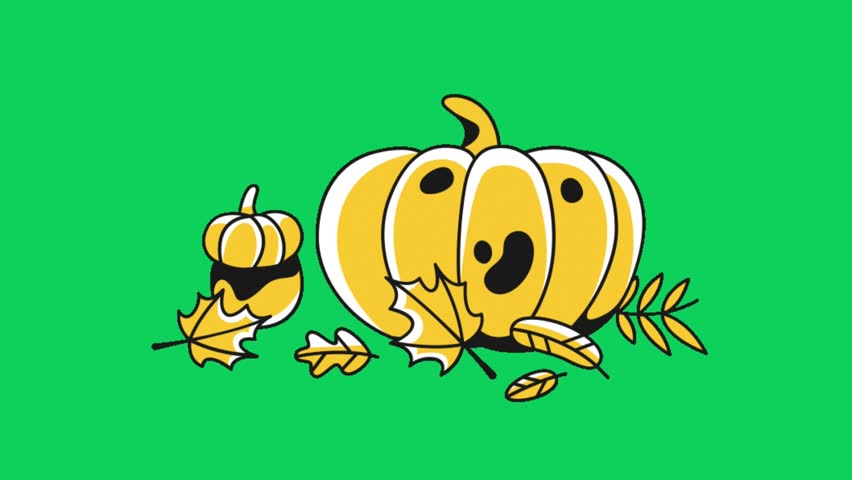 A colorful vector illustration featuring cartoon pumpkins and autumn leaves against a bright green background.