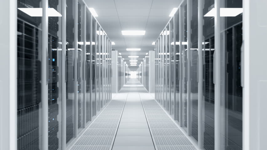 Camera Glides Through a Data Center Aisle Lined With Server Racks and Cabinets for AI Computing, Cloud Storage, Scientific Simulations, Research Analytics, and Secure Enterprise Systems.