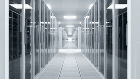 Camera Glides Through a Data Center Aisle Lined With Server Racks and Cabinets for AI Computing, Cloud Storage, Scientific Simulations, Research Analytics, and Secure Enterprise Systems. - Powered by Shutterstock - Get 15% off with code: PIKWIZARD15