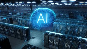 Data Center Rack Rows as a Neon AI Brain Maps Packet Flow, Neural Links and Compute Layers for Inference, Analytics, Automation, Cybersecurity and Cloud Orchestration. - Powered by Shutterstock - Get 15% off with code: PIKWIZARD15