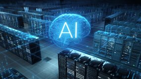 Data Center Racks and Gpu Fabric Fuse With a Glowing AI Brain, Enabling Model Training, Code Programming, Ci Pipelines, App Deployment in a High-angle WIde Shot Across Racks. - Powered by Shutterstock - Get 15% off with code: PIKWIZARD15