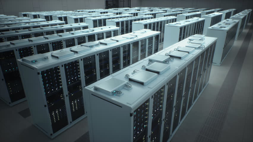 Elevated Flyover Glides Above Endless White Server Racks in a Bright Clean-room Data Center, Revealing Pulsing Status Lights, Cooling Modules and Hyperscale Operations in Crisp Overhead Light.