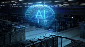 Server Clusters Sync Data Streams Beneath a Holographic AI Brain, Accelerating Coding Copilots, Model Training, App Testing, Medical Triage and Traffic Prediction. Slow Push-in, Elevated Wide Shot. - Powered by Shutterstock - Get 15% off with code: PIKWIZARD15