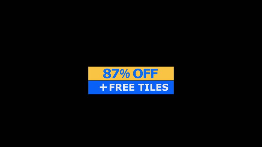 A rectangular promotional banner featuring eighty seven percent off text in yellow and plus free tiles text in blue against a solid black background for retail sales marketing