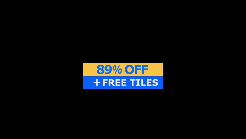 A rectangular promotional banner featuring eighty nine percent off text in yellow and plus free tiles text in blue against a solid black background for retail sales marketing