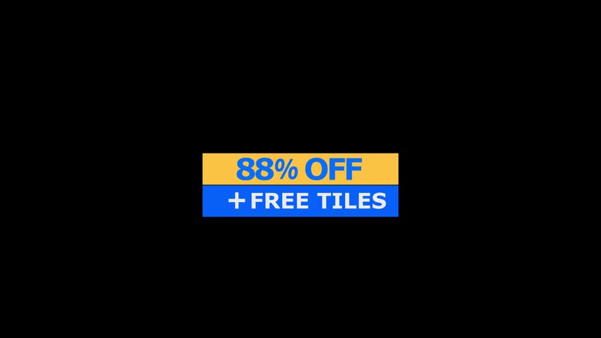 A rectangular promotional banner featuring eighty eight percent off text in yellow and plus free tiles text in blue against a solid black background for retail sales marketing
