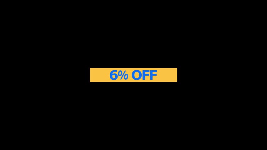 A rectangular yellow banner featuring the text 6 percent off in bold blue font centered against a solid black background for retail sales and promotional marketing