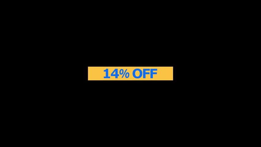 A rectangular yellow banner featuring the text 14 percent off in bold blue letters centered on a plain black background for retail sales and marketing promotional