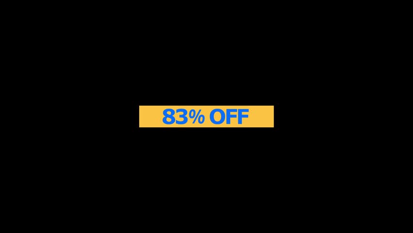 A bold displaying eighty three percent off in blue text centered on a rectangular yellow banner isolated against a plain black background for retail marketing