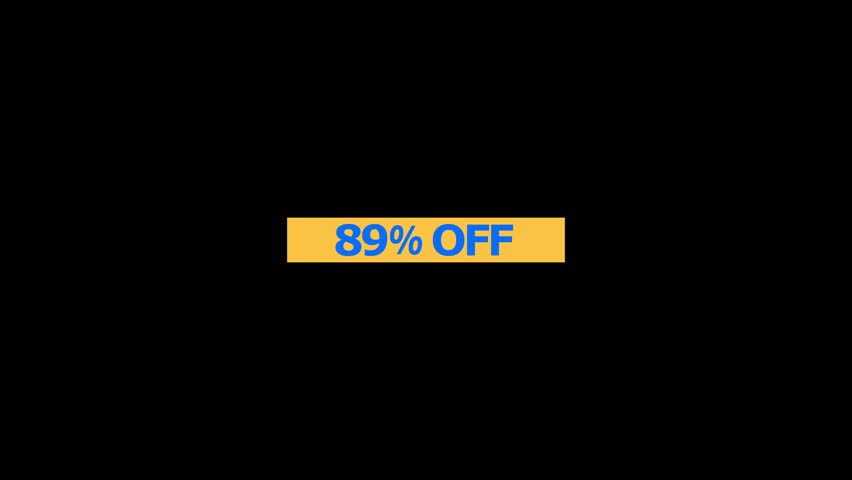 A rectangular yellow banner featuring bold blue text that reads 89 percent off isolated on a solid black background for retail marketing and sales promotion