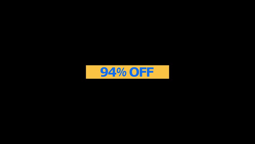 A horizontal yellow rectangular banner displaying the text 94 percent off in a bold dark blue sans serif font centered on a solid black background for retail sales and marketing