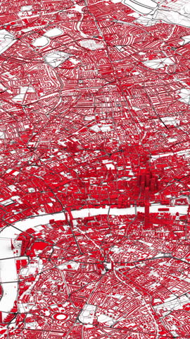 Night aerial view of London with red buildings.