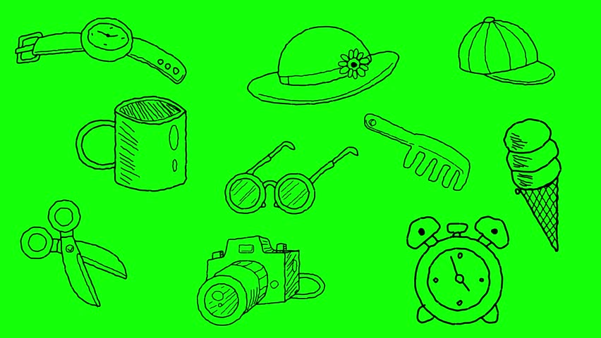 Animated video of several different objects and utensils in black strokes, art, drawing, 2D, green.