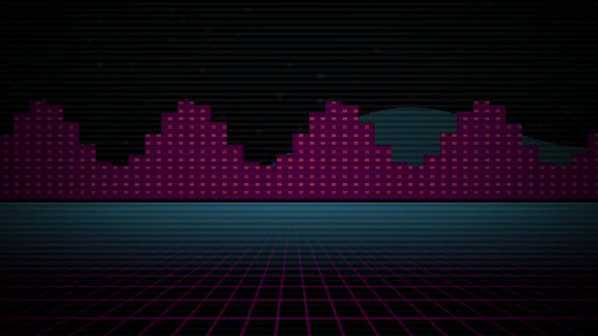A pixelated landscape under starry night sky