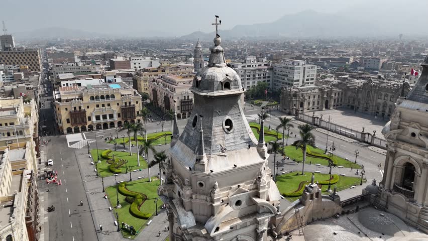 Plaza Mayor In Lima Capital City Peru. Aerial View Of A City Park Surrounded By Busy Streets And Buildings. Industrial Landscape Commercial Building Busy. Urban Commercial Building Town.