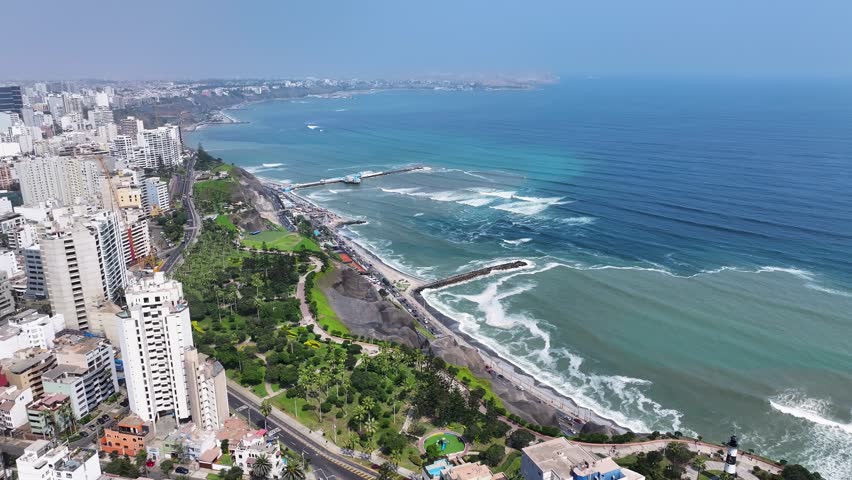Miraflores Skyline In Lima Capital City Peru. Amazing Skysrapers And Traffic On Street Viewed From Above. Paradise Island Landscape Heaven Vibrant. Summertime Heaven Coast. Lima Capital City.