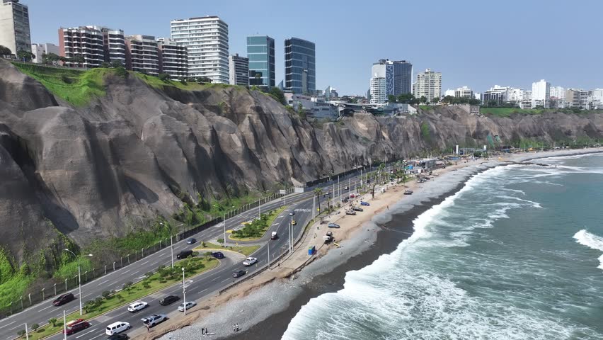 Miraflores Skyline In Lima Metropolitan Region Peru. Aerial View Of A High-Rise Buildings And Traffic Showcasing Urban Life. Paradise Island Landscape Heaven Vibrant. Summertime Heaven Coast.