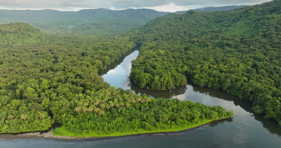 Lush green tropical rainforest covering mountains and winding river, showcasing the vibrant ecosystem and natural beauty of remote nature landscape of the Solomon Islands. Aerial view drone flight