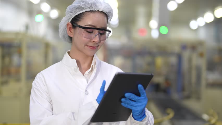 A professional female quality controller in a sanitized lab coat and protective gear inspecting products on an automated production line in a modern factory.