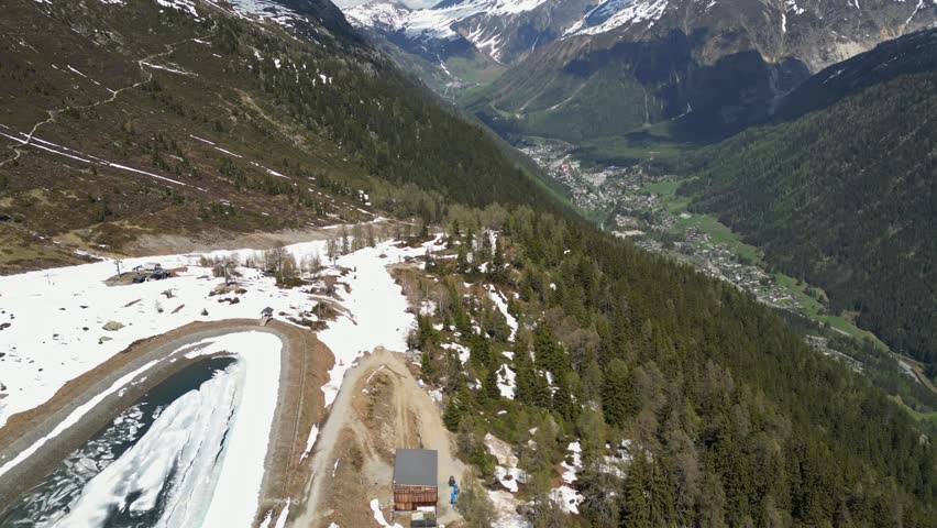 Aerial mountain landscape overlooking the Mer de Glace valley and the French Alps near Switzerland