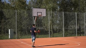 Caucasian man with leg injury dribbles basketball on court, shoots at hoop and misses. Acute pain from injury during amateur player training after unsuccessful jump. Effort and willpower of person. - Powered by Shutterstock - Get 15% off with code: PIKWIZARD15