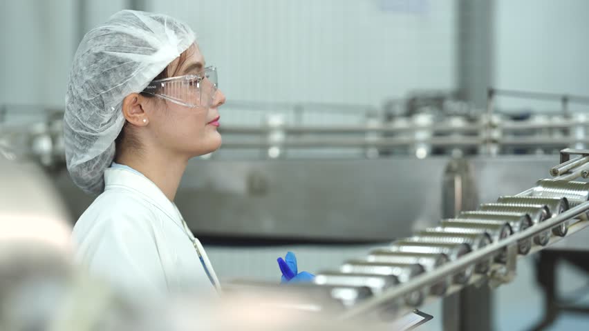 A female quality control officer in sanitized attire and safety glasses inspecting metal cans on an automated conveyor line in a modern food processing plant.