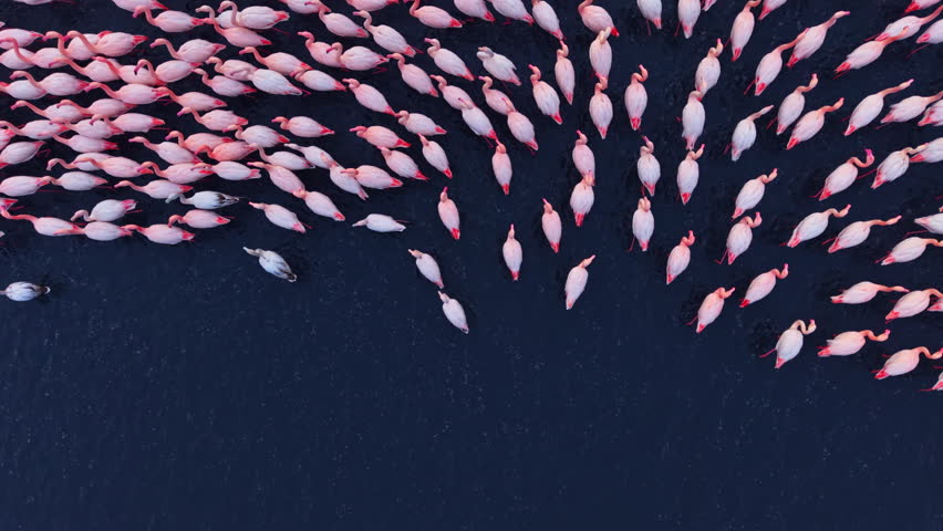 A multitude of graceful flamingos gather together at dusk, their pink feathers reflecting the soft colors of the setting sun. They wade through calm waters, creating a breathtaking scene.