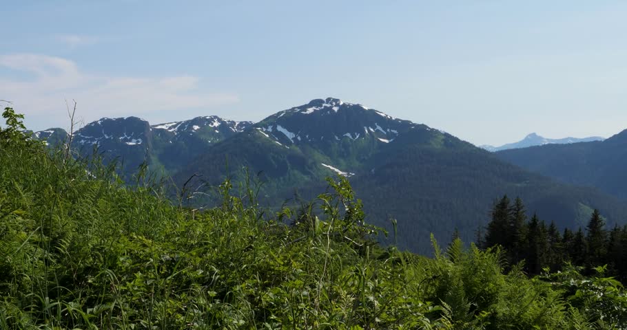 Snow-capped Mount Bradley on Douglas Island, view from Mount Roberts, Juneau, Alaska.