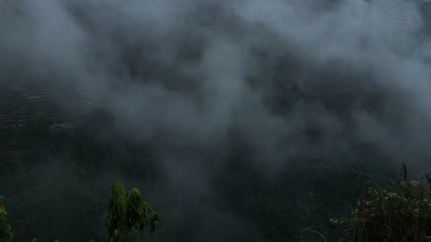 Thick gray fog rolls slowly across dark green terraced hills and lush forest slopes in a moody mountain landscape during early morning.