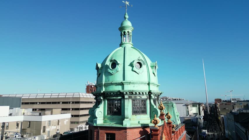 DUBLIN, IRELAND – MAY 2026: Elevated rooftop shot overlooking the Penneys department store on Mary Street in Dublin city centre, with The Spire visible in the background and small crowds moving along Henry Street on a bright day. Editorial use only.