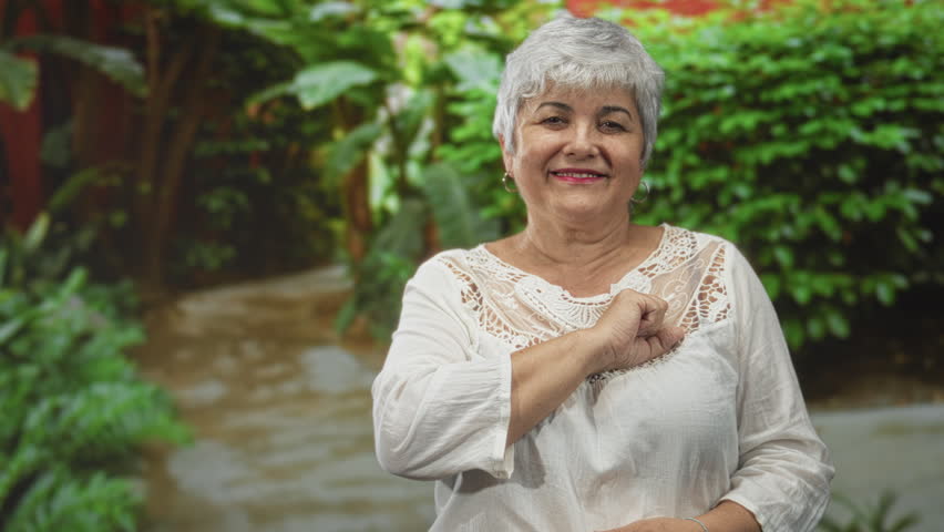 Woman with grey hair places hand to chest while softly speaking in a forest setting; comfort contentment.